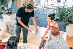 office team discussion meeting about their employer brand